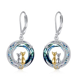 VONALA 925 Sterling Silver Celtic Moon Cat Leverback Earrings Crystal Jewellery Birthday Gifts for Women Girls (2 Cat Blue)