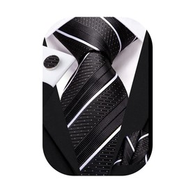 Hi-Tie Black and White Tie 63'' Long Ties for Men Silk Mens Ties Set Suit Necktie and Pocket Square Cufflink for Wedding