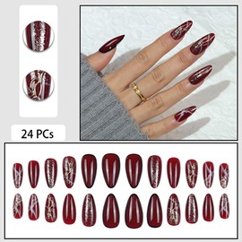 RikView Almond Press on Nails Medium Fake Nails Red Nails with 3D Design Glossy Full Cover Nails for Women 24 PCs/Set
