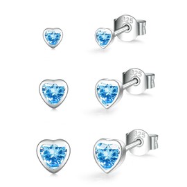 Silver Stud Earrings for Women, 3 Pairs 925 Sterling Silver Heart Stud Earrings Set, Hypoallergenic Aquamarine Cubic Zirconia Stud Earrings, Tiny Small Sleeper Cartilage Studs for Girls Kids, 3/4/5mm