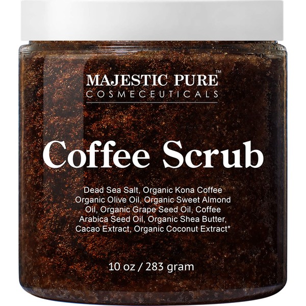 Majestic Pure Arabica Coffee Scrub - All Natural Body Scrub for Skin Care, Stretch Marks, Acne & Cellulite, Reduce the Look of Spider Veins, Eczema, Age Spots & Varicose Veins - 10 Ounces