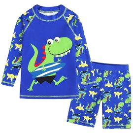 AIWUHE Boys Sun Protection Swim Suit Toddler Swimsuit Set Two Piece Boys' Swimsuit Trunk and Rash Guard Set Long Sleeve Bathing Suit Swim Set Sunsuit Swimwear Royal Blue Sinosaur 3XL 6-7Y
