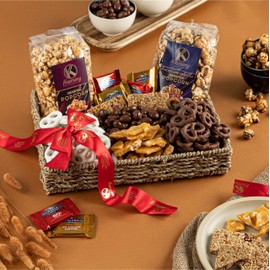 KREMERY Creamy Chocolate Cravings - Chocolate Covered Pretzels & Caramel Popcorn Gift Basket, in Seagrass Tray + Ribbon (Premium, 2.5 lbs) Food Arrangement, Food Assortments USA Made
