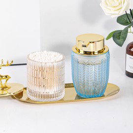 Tonxus Blue Foaming Soap Dispenser, Glass Foam Hand Soap Dispenser with Gold Pump, 10 Oz Bathroom Refillable Liquid Lotion Pump Ribbed Bottle Container for Kitchen Countertop Decor