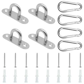 Pack of 4 Stainless Steel Eye Plate with Eyelet, Stainless Steel Carabiner and Stainless Steel Eye Plate with Eyelet, Eye Plates for Sun Sail / Wall Mounting, Ceiling Mounting, Wall Hooks, Ceiling
