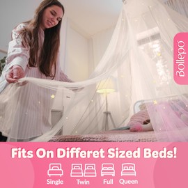 Bed Canopy for Girls Bed with Glowing Stars - Princess Room Decor, Ceiling Net to Cover Toddler Crib | Full, Twin Size Kids Bed, Fire Retardant Fabric (White - Stars)
