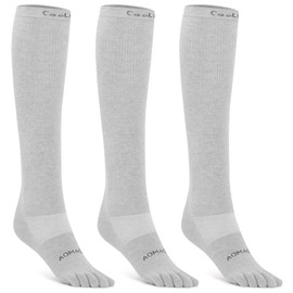 aomagic Knee-High Toe Socks - Coolmax 5-Finger Athletic Hiking Socks, Anti-Blister & Moisture-Wicking, 3 Pairs/Grey - Large