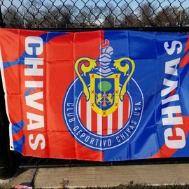 Club Las Chivas of Mexico Soccer Banner Flag, White and Red 3x5 ft Decorative - colors: red and blue flag