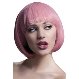 Smiffys Fever Mia Wig, Pastel Pink Short Bob with Fringe, 25cm / 10in, Fever Wigs Fancy Dress, Fever Dress Up Wigs