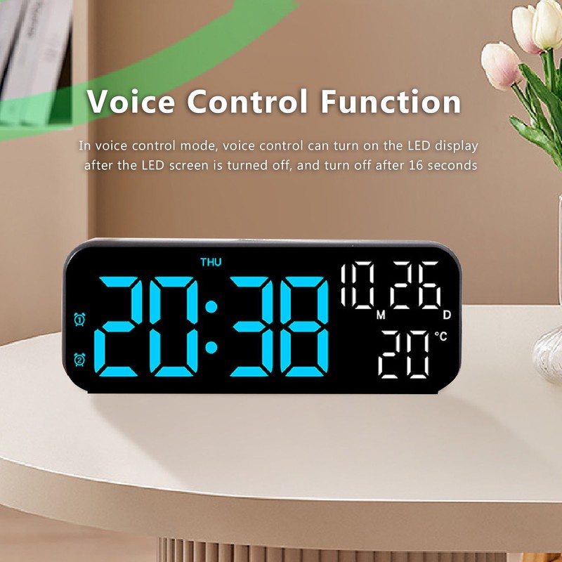 Digital Clock Dual Display Voice Control 3 Adjustable Brightness Date
