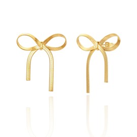 8YEARS Gold Bow Earrings for Women Dainty Ribbon Bow Stud Earrings Gold Dangle Drop Tassel Earrings Long Chain Earrings With 925 Sterling Silver Post Trendy Jewelry Gift (Small Gold Chain Bow)