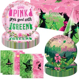 41pcs Witch Party Decorations Include 10pcs Pink Plates, 10pcs Green Plates, 20pcs Napkins, Tablecloth for Pink and Green Birthday Decorations
