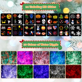 Christmas Projector Lights Outdoor, Brighter 14 HD Slides (3D Ocean Wave + Patterns) LED Landscape Lights Waterproof Outdoor Indoor Holiday Projector Lights for Yard Halloween Christmas Decorations