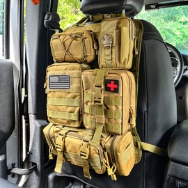 Universal Tactical Seat ​Back Organizer Vehicle Molle Panel Organizer Storage Bag with 5 Detachable Molle Pouch, Khaki