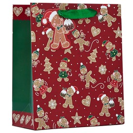 Partisan Products Christmas Gingerbread Gift Bag with Green Handle and Gingerbread Gift Tag Xmas Gift Wrap Medium
