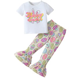 Momkonzz Toddler Girls Easter Outfits Little Girls Bunny Easter Egg Print Tops and Pants Clothes Set Children Short Sleeve Summer Clothing 4-5 Years