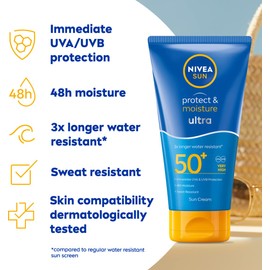 NIVEA SUN Protect & Moisture Ultra Sun Cream Lotion SPF 50+ (150ml), Water-Resistant Sunscreen, Sun Cream Provides Instant UVA/UVB Protection and Moisturises Skin for 48h