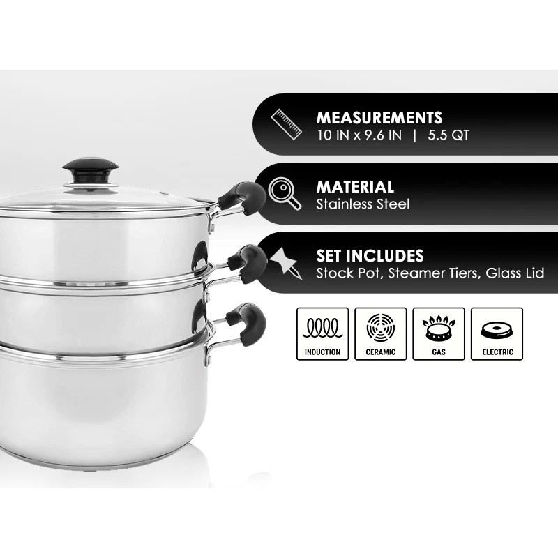 CONCORD 10" Stainless Steel 3 Tier Steamer Cookware