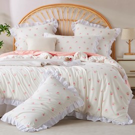 Jolusere White Ruffle Duvet Cover Queen Size Pink Tulips Bedding Cream Color Ruffled Floral Duvet Cover Set Soft Washed Microfiber Vintage Romantic French Duvet Covers for Girls Kids (No Comforter)