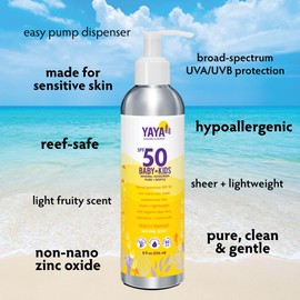 YAYA ORGANICS Baby + Kids Mineral Sunscreen Lotion, SPF 50, Reef-Friendly, Non-Nano Zinc Oxide, Water-Resistant, Hypoallergenic, Pure + Gentle for delicate skin, 8 oz
