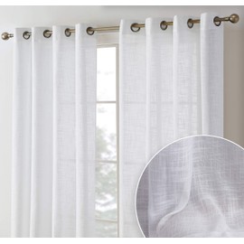 HLC.ME Madison Faux Linen Textured Semi Sheer Privacy Light Filtering Transparent Window Grommet Floor Length Thick Curtains Drapery Panels for Office & Living Room, 2 Panels (54 W x 84 L, White)