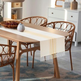 Native Fab Yellow Table Runner 72 Inches Long - Striped Table Cover with Fringes - 100% Cotton, Soft, Tight Weave, Non Slip Tablerunner for Dining, Wedding - Pale Yellow, White (14x72 inches)