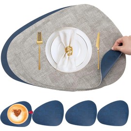 Place Mats Washable, Washable Place Mats and Saucers, Leather Place Mats, Double-Sided Place Mats Set of 4 Round Place Mats Leather Look Plate Coaster (Light Grey, Dark Blue)