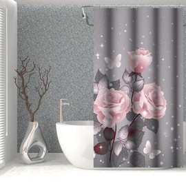 OERJU Floral Shower Curtain Pink Rose Stylish Bath Curtain with Printted Pattern Grey Background Waterproof Polyester Fabric Bathroom Decor Set with Hooks 36x72inch