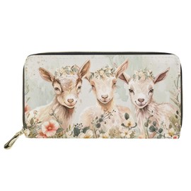SANNOVO Goat Wallet for Women, Soft Pu Leather Satchel Purse Long Slim Wallet Clutch Bag, Zipper Around Purse Clutch Bag for Travel, Gift for Mom, Green and Beige, 20cm(L)*2.5cm(W)*12cm(H)