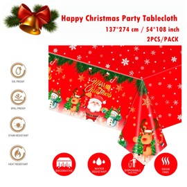 2 Pack Christmas Table Cloth Party,137x274cm Rectangle Large Plastic Red Tablecloth Holly Santa Party Tableware Decorations,Xmas Tablecovers Party for Winter Holiday Xmas Party Dinner Table Cloths