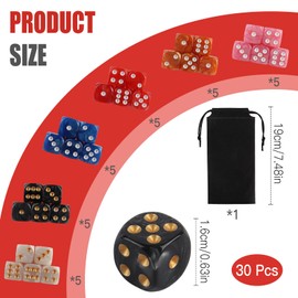 30 Pieces Dices, 16mm Coloured Dice with 6-Sided, Acrylic Dice with Two Color Pattern, 6 Sided Dice Set for Classroom Math Learning and Playing Board Games