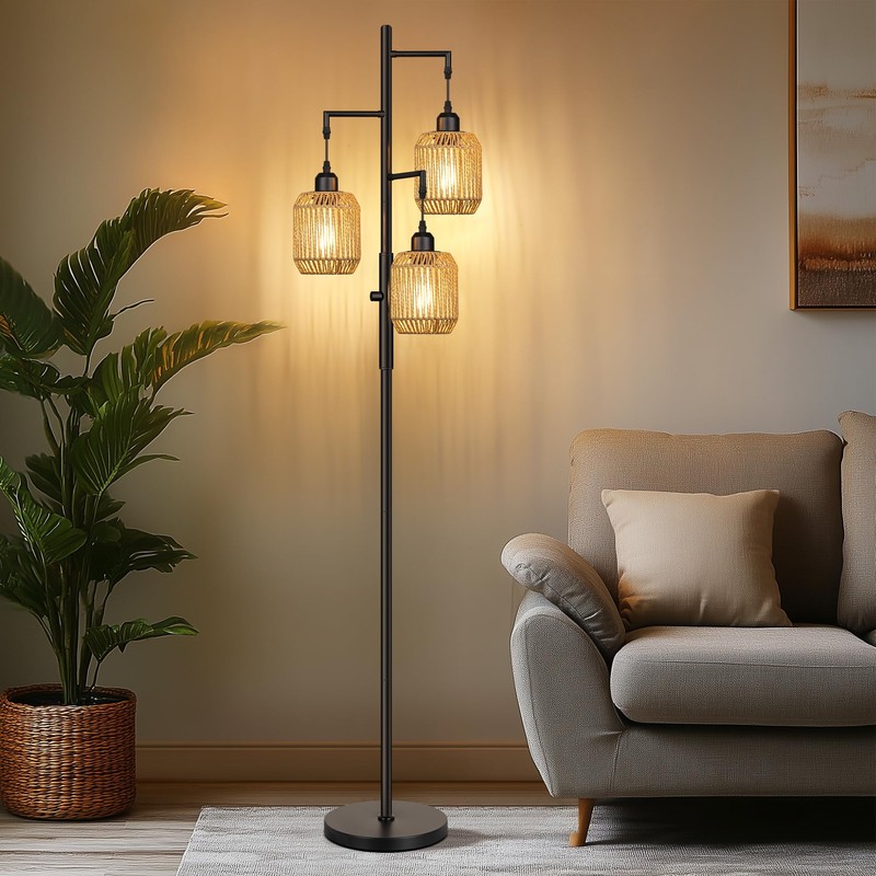 ROTTOGOON Dimmable Boho Floor Lamp - 3 Light Farmhouse Rattan