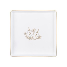 10.75" inch Square Plastic Plates Heavy Duty Plastic Hanukkah Dinner Plates with White Gold Chanukah Design Hanukkah Party Disposable Charger Plate China Like Plastic Salad Plate Chanuka (48)