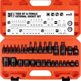 HORUSDY 31Pcs Torx Bit Socket Set,14 Star Bits (T8-T70) and 12 Female E-Torx Sockets (E4-E24), 4 Impact Socket Adapter Set with High Torque Laser Marked for Automotive Mechanic