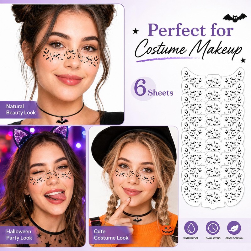 Halloween Bat Freckle Face Temporary Tattoos Stickers for Cosplay Makeup