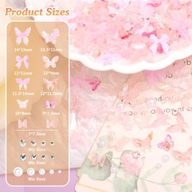 3D Pink Butterfly Nail Charms, Multi Styles Butterflies Bow Tie Nail Charms and Rhinestones, Summer Butterfly Nails Bow Half White Pearls Charms for Acrylic Nails Art DIY Acessories
