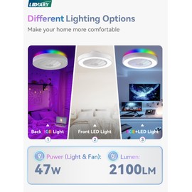 LEDIARY 20 Inch Low Profile Ceiling Fans with Lights, Led Bladeless Ceiling Fan, Remote Control Enclosed Flush Mount Ceiling Fan With Timming, 3000-6000K, 6 Wind Speed, 3000LM, 57W-White RGB