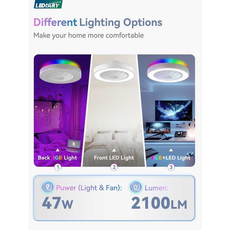 LEDIARY 20 Inch Low Profile Ceiling Fans with Lights, Led