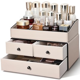 KINGFOM 2 Tier Leather Makeup Organizer with 3 Drawers, Cosmetic Storage Organizer for vanity Dresser Countertop and Bathroom Vanity, Beauty Holder for Lipstick Brush Skincare, Gifts for Women (Beige)