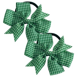 La Petite Fille 2 x 'Flat Fan' Bow Hair Bobbles | Hair Elastic | School Hair | Gingham Ribbon (Green & White)