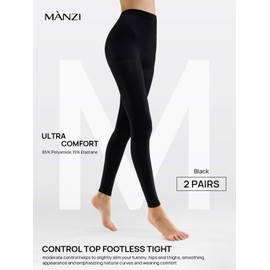 MANZI 2 Pairs Women's Opaque Control Top Tights 70 Denier Stretch Pantyhose Black Footless Small