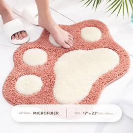 Paw Shaped Bathroom Rug Non-Slip Bath Mat 17.7 x 23.6, Soft Microfiber Water Absorbent Thick Shaggy Shower Rug, Machine Washable Bath Rug for Bathroom, Pink