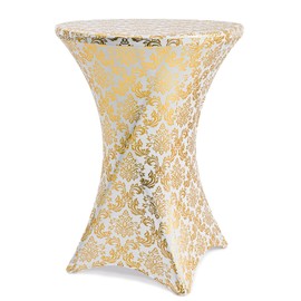 ANMINY Cocktail Table Covers Bronzing Gold Flower Print Removable Washable Spandex Stretch Decorative Fitted Tablecloth for 24x43 Inch Highboy Four-Way Round Bar Banquet Tables - Gold Flower
