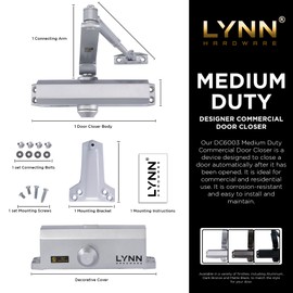 LYNN HARDWARE Medium Duty Commercial Door Closer - DC6003 Automatic Door Closer, Surface-Mounted Auto Door Closer, Size 3 Automatic Door Closer for Home & Light Commercial Property, Matte Black