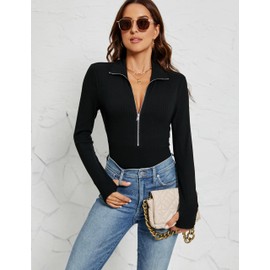 Blooming Jelly Womens Long Sleeve Bodysuit Shirts Turtle Neck Zip Up Ribbed Tight Jumpsuit Tops Fall Outfits Clothes