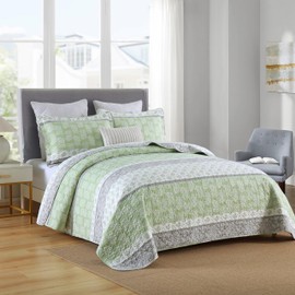 MEIZIZI Green Quilt King, Cotton Comforter, Green/White/Grey Striped Bedspread,Farmhouse King Quilt Bedding Set,Lightweight Luxury 3 Piece