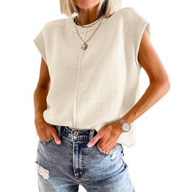 Jhsnjnr Womens Summer Tops Oversized Cap Sleeve Sweater Vest Lightweight Crew Neck Knitted Sleeveless Pullover Shirts Apricot