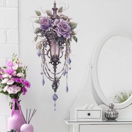 Vintage Purple Street Lamp Flower Vine Wall Stickers, sacinora Rose Peony Floral Art Wall Decals Removable Vinyl Peel and Stick for Living Room Bedroom Nursery Playroom Door Decorations