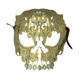 Elegance Mask Gold Skull Metal Laser Cut Masquerade Prom Mask Clear Crystals