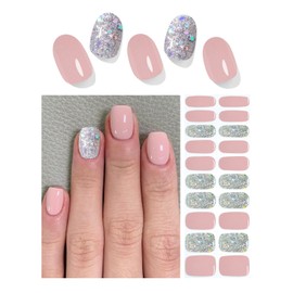 Semi Cured Gel Nail Strips, （Pink Glitter） 20pcs Gel Nail Stickers Work with UV, Easy to Use and Remove